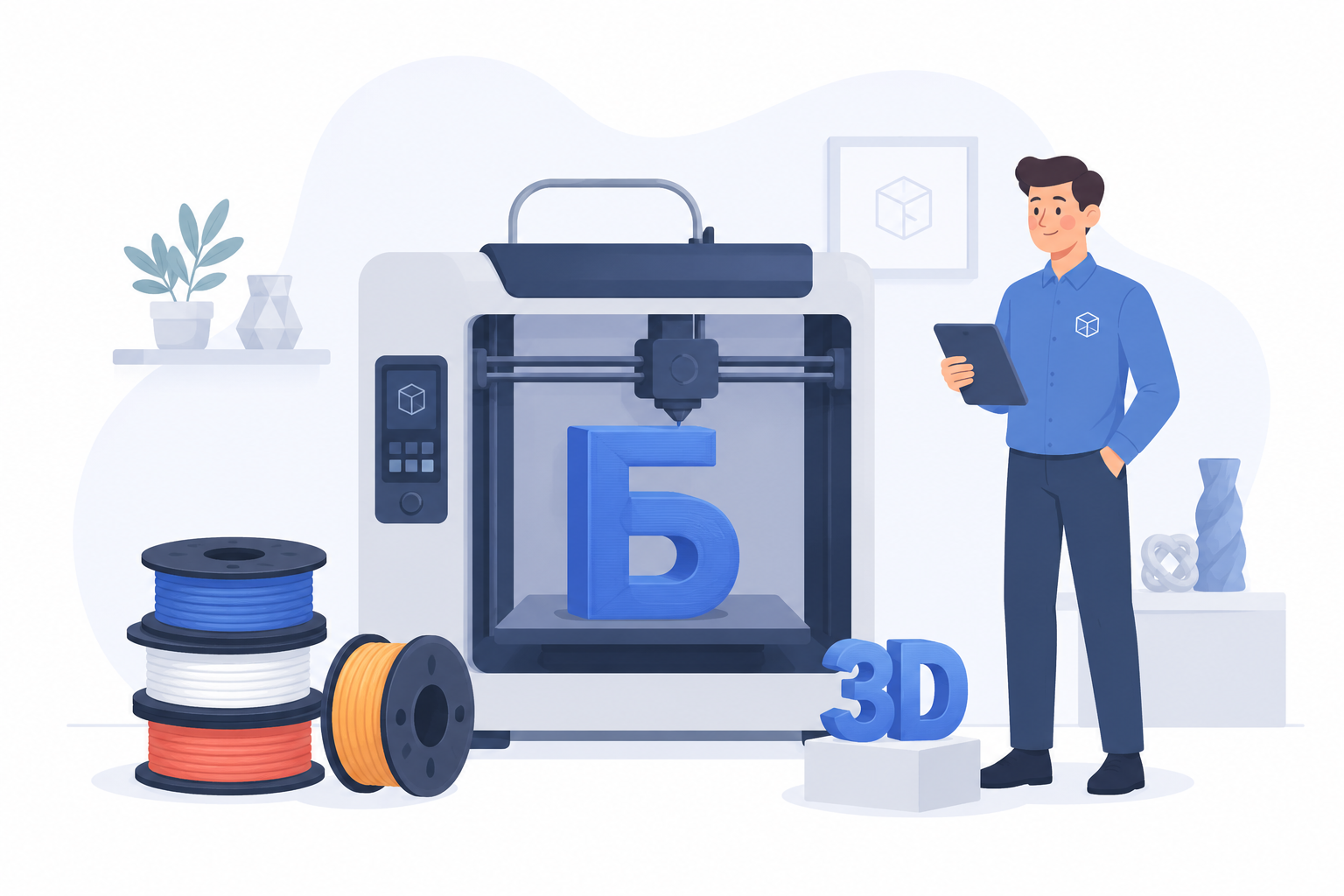 3D-принтер и специалист с планшетом