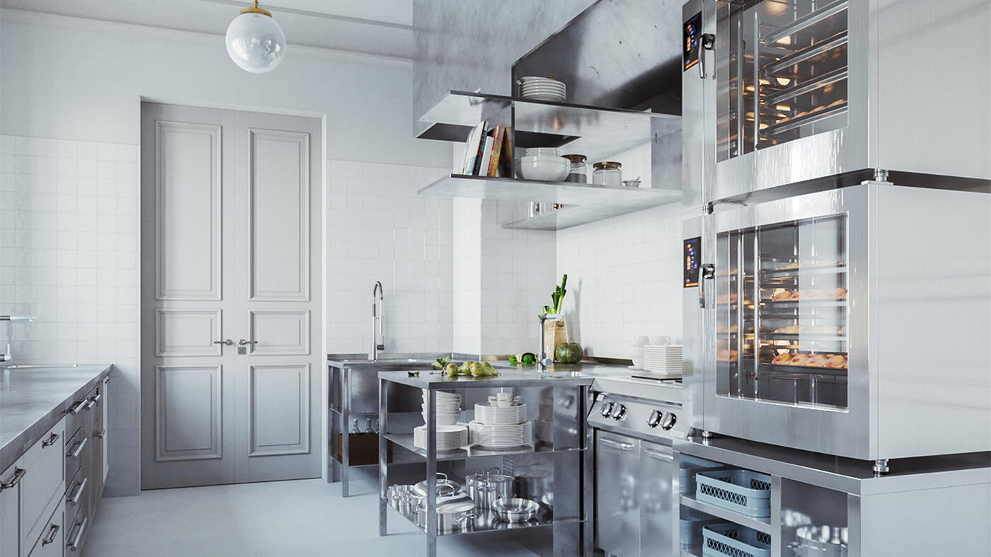 3D interior rendering of traditional kitchen with wooden cabinetry and marble countertops