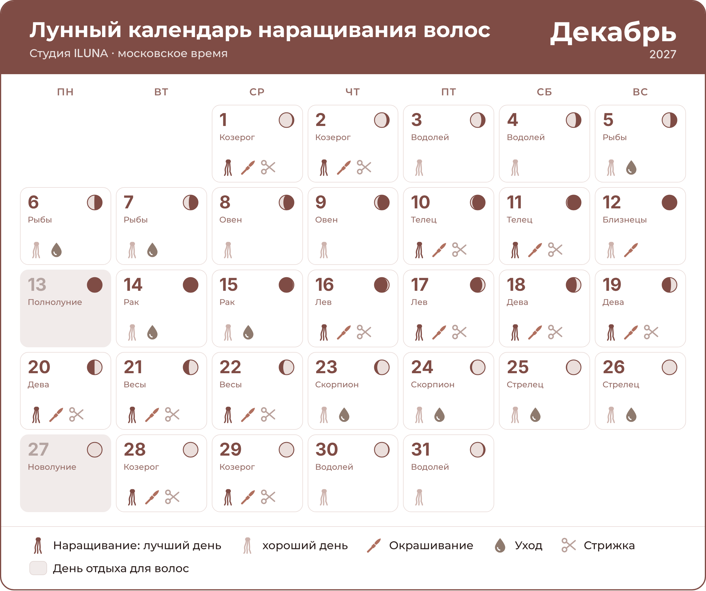 Лунный календарь наращивания волос на декабрь 2027 по дням