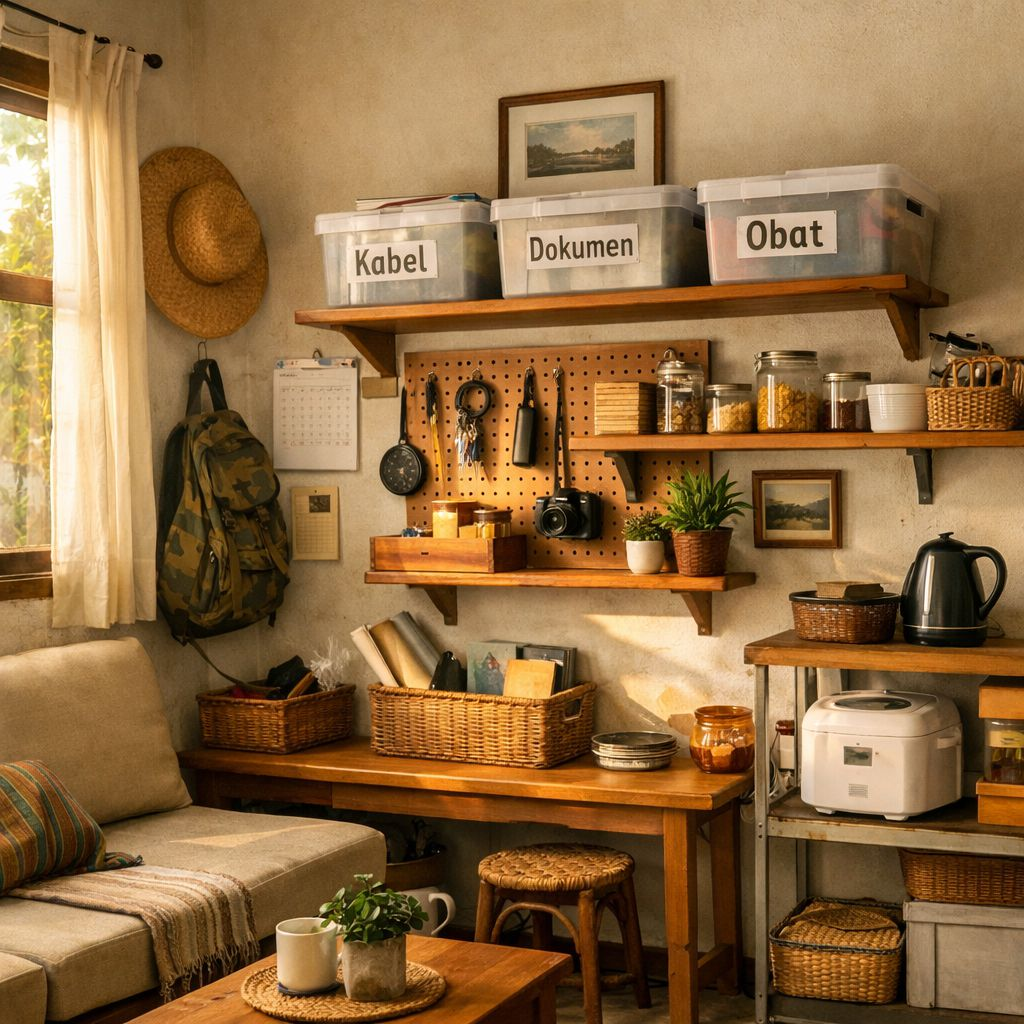 Rumah kecil rapi dengan storage vertikal dan box berlabel Indonesia