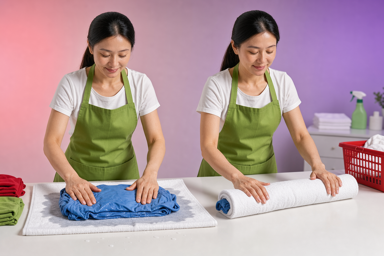 Person pressing excess water from clothes into a towel on a countertop, then rolling the towel to extract moisture
