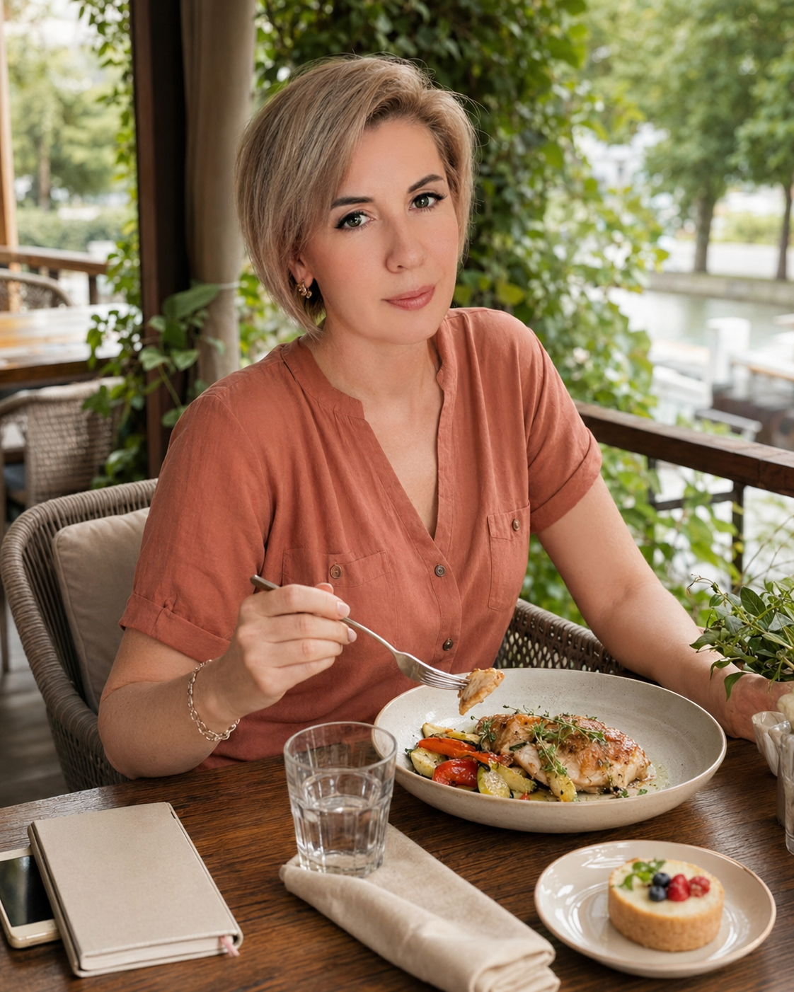 Юлия Пахомова за обычным приёмом пищи на летней веранде