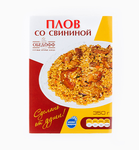 Плов со свининой от производителя Мерилен — замороженный полуфабрикат. Масса нетто: 350 гр.