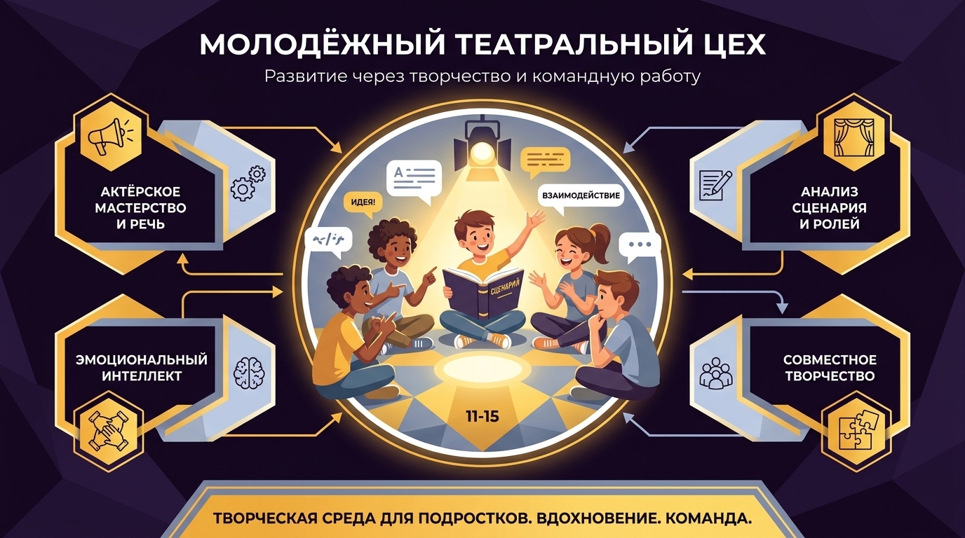 Дети работают в команде над театральной постановкой