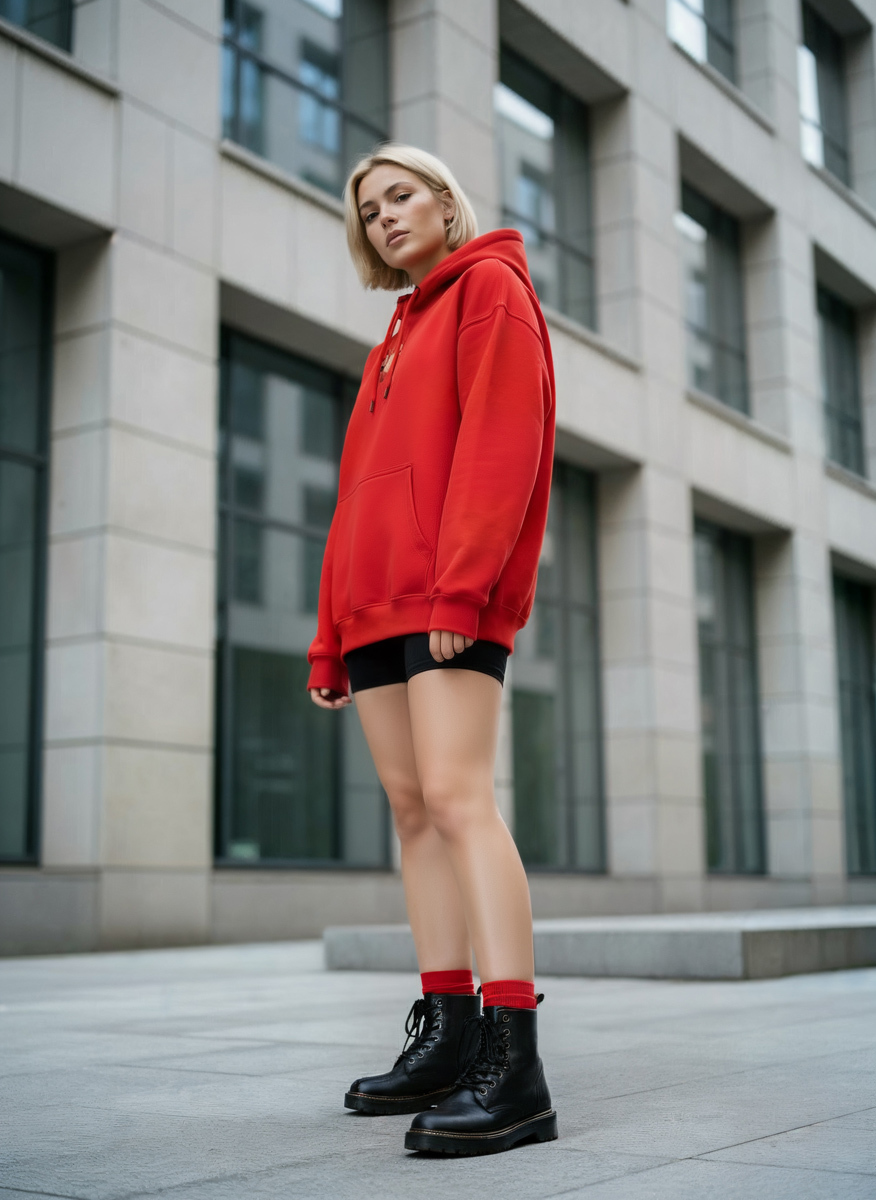 девушка в полный рост в красном худи ии генерация фото