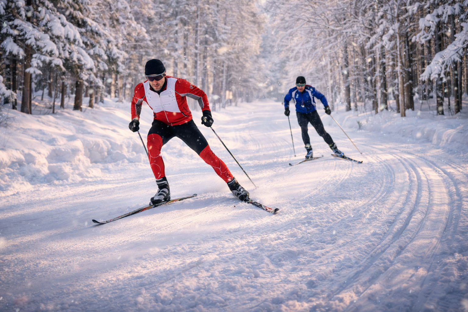 Лыжники на снежной трассе в Японии