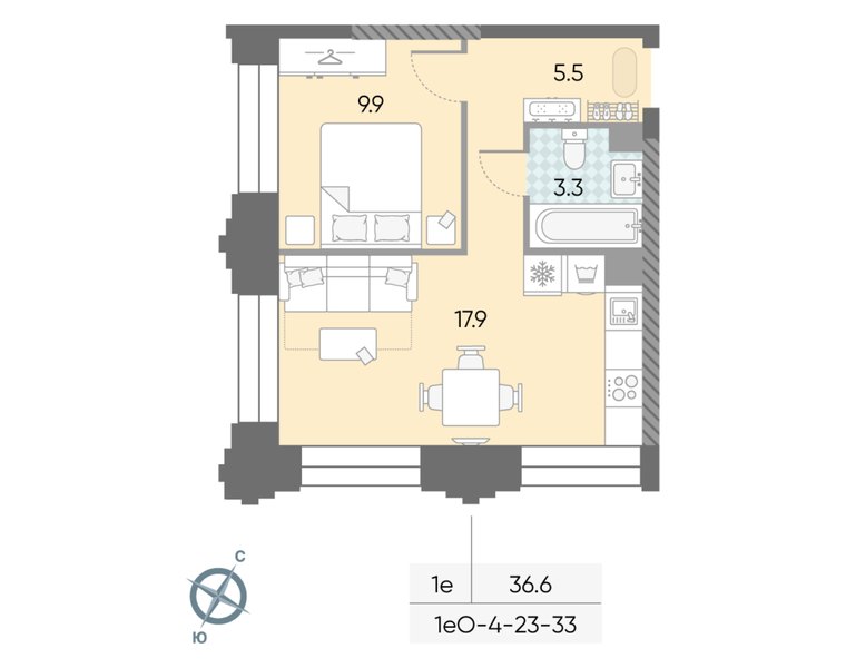 Планировка 1-комнатной евроквартиры 36,6 м² в доме «СПАРК» (ЗИЛАРТ): дом 21, 30-й этаж