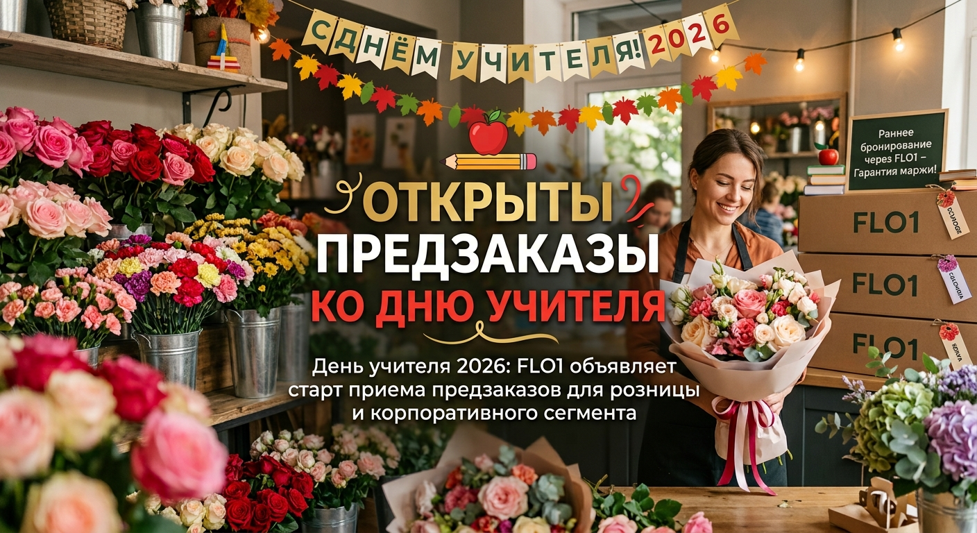 Флорист в цветочной мастерской держит букет на фоне коробок FLO1 и баннера с анонсом предзаказов к Дню учителя 2026.