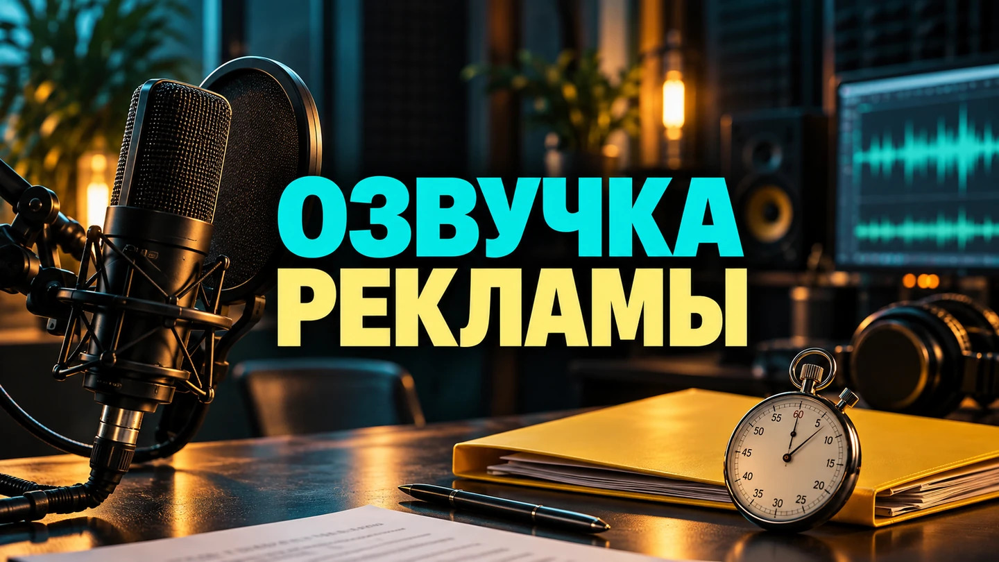 Обложка статьи «Озвучка рекламы: как выбрать подачу под сообщение и слушателя»: Студийный микрофон, жёлтая папка и секундомер; надпись «Голос рекламы». Заголовок «ОЗВУЧКА — РЕКЛАМЫ» встроен в изображение.