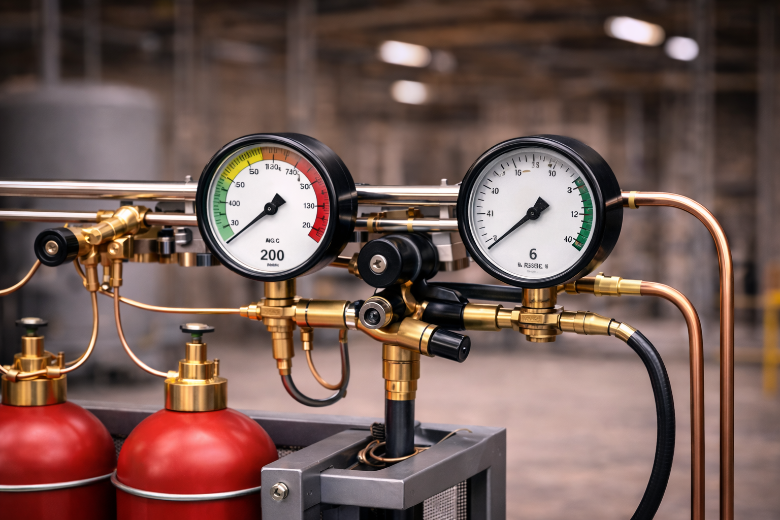 Крупный план газовой рампы с красными газовыми баллонами, подключёнными к распределительному коллектору с редукторами и двумя манометрами для контроля давления газа в промышленном помещении.