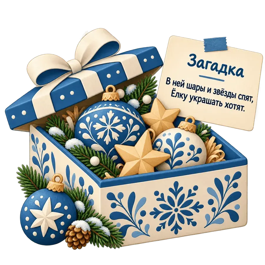 Коробка с ёлочными игрушками с запиской-загадкой для новогоднего домашнего квеста