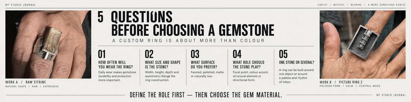 NP Studio Journal infographic: five questions to ask before choosing a gemstone for a custom ring.
