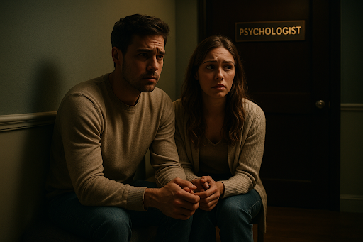 Супруги перед кабинетом психолога