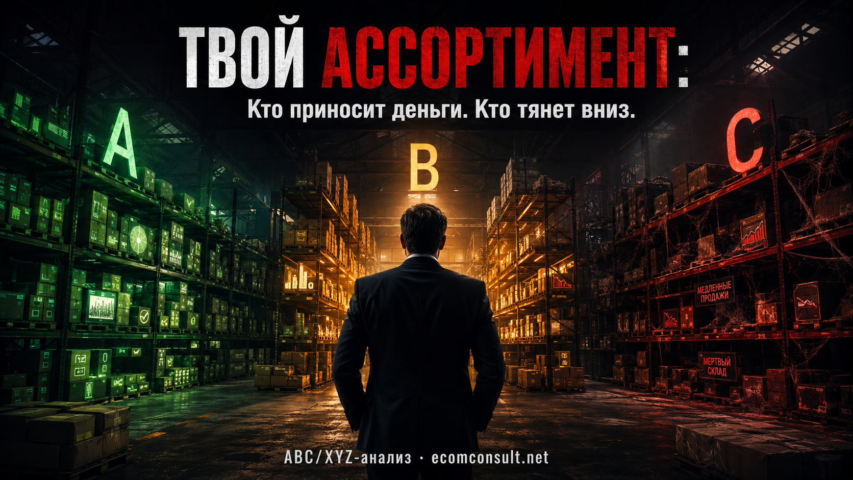 Мужчина в тёмном костюме стоит спиной в промышленном складе разделённом на три световые зоны: зелёная с буквой A слева золотая с буквой B в центре и красная с буквой C справа — иллюстрация к ABCXYZ-анализу ассортимента