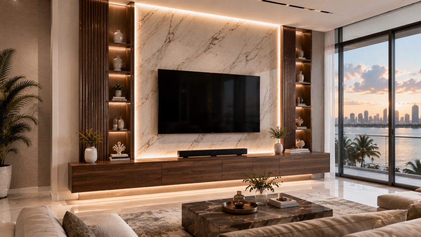 Luxury contemporary Miami media wall featuring floating walnut cabinetry, marble-look architectural panels, integrated LED lighting, and a custom TV wall overlooking Biscayne Bay.