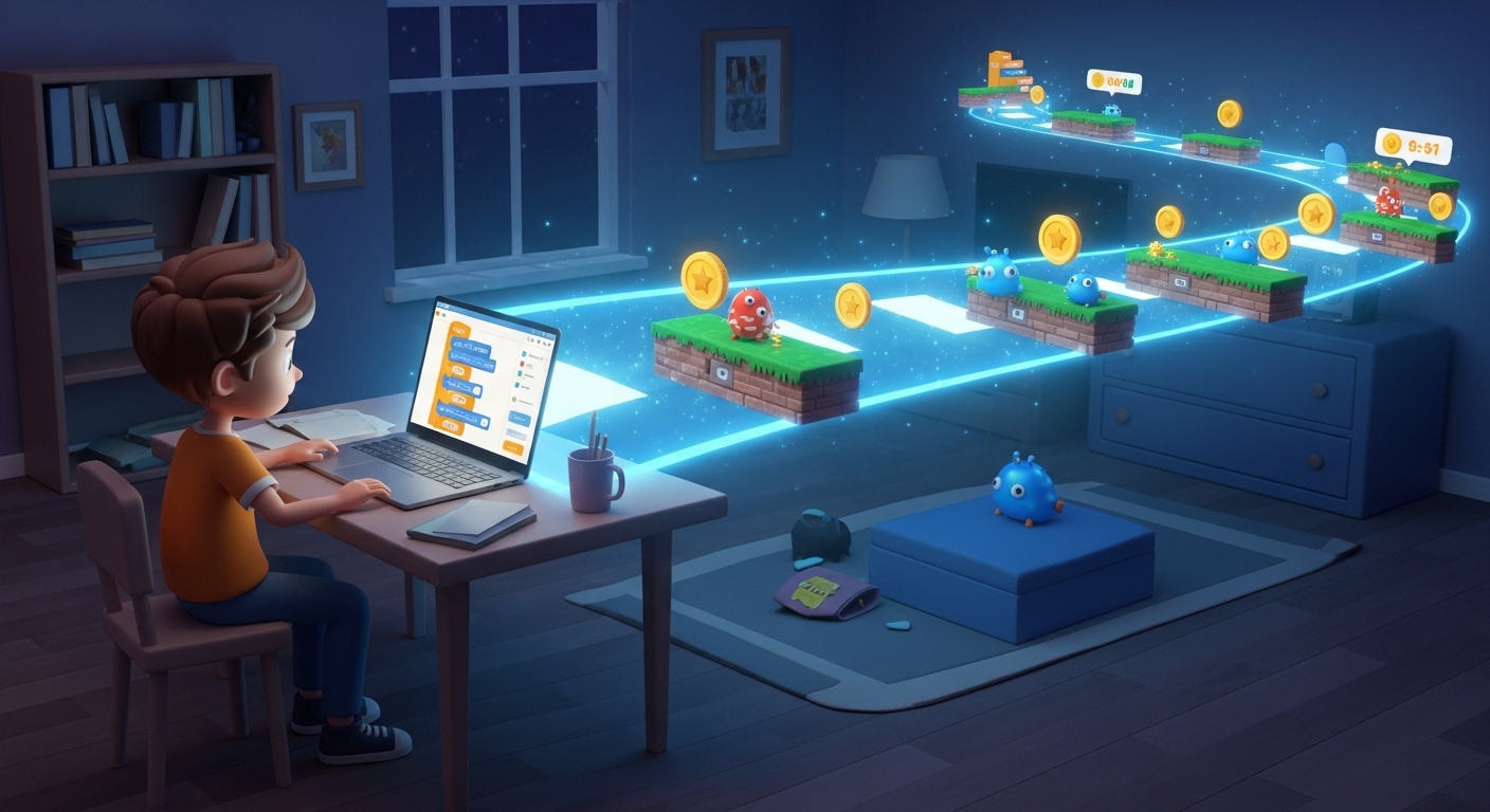 Ребенок с интересом делает домашнее задание по программированию, которое представлено как увлекательный игровой уровень, что объясняет пользу ДЗ для детей.