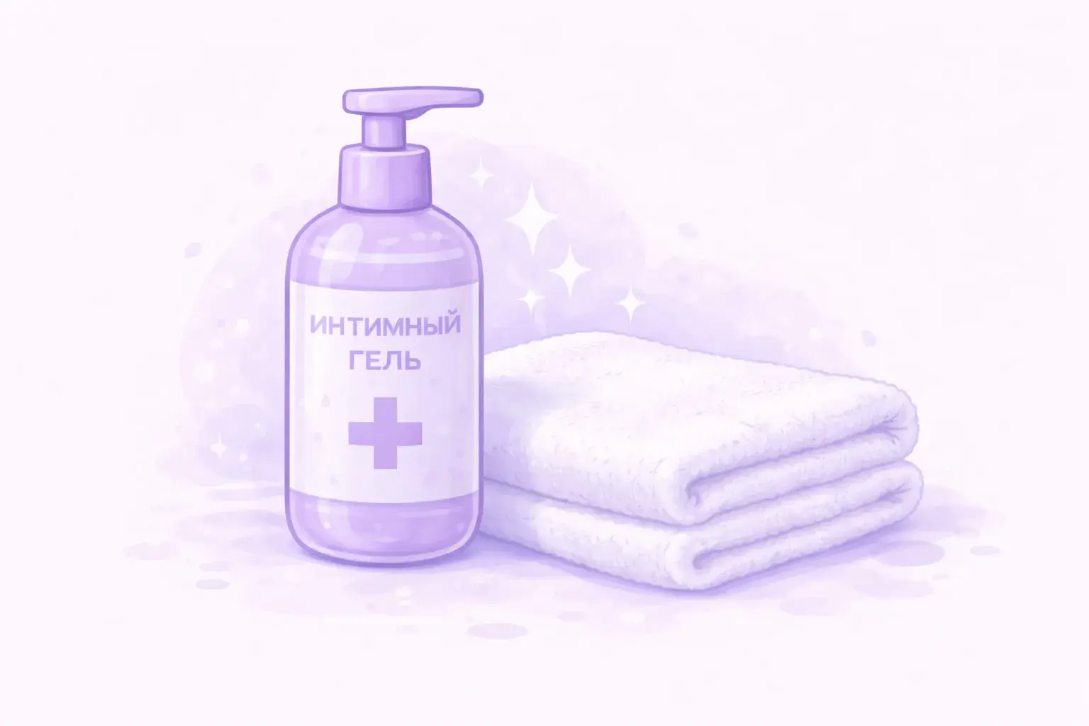 Флакон аптечного геля для интимной гигиены и аккуратно сложенное белое хлопковое полотенце