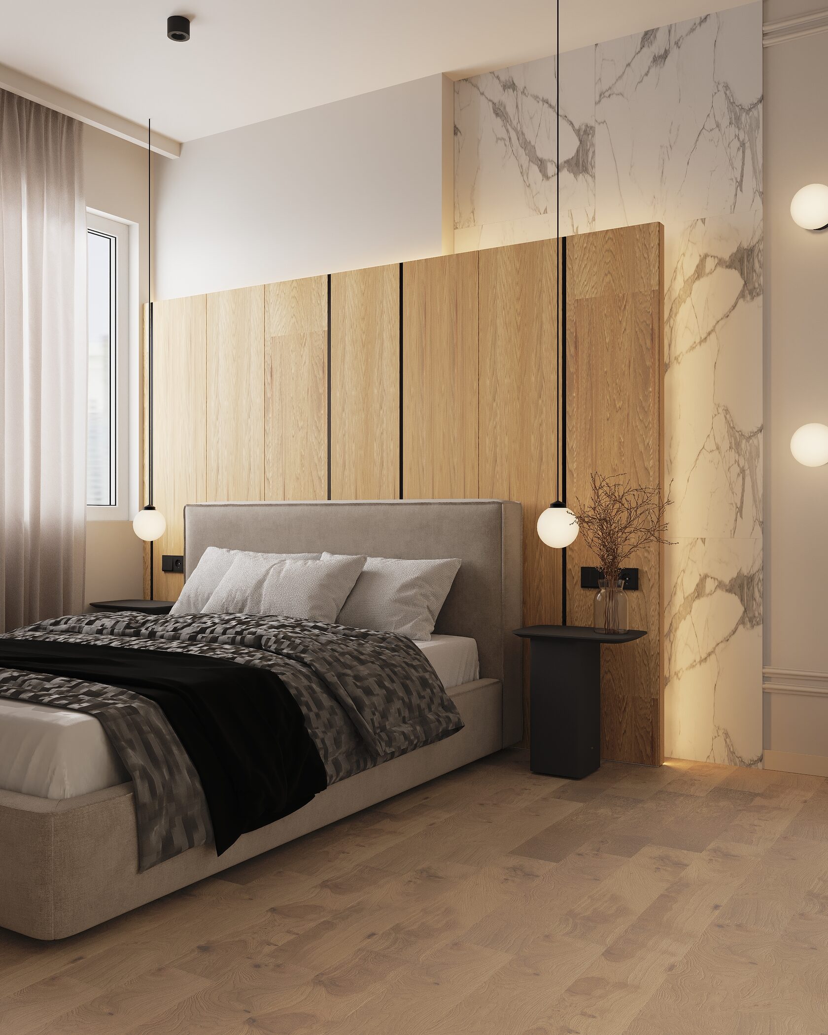 кровать с панелями на стене в квартире в дубае дизайн проект