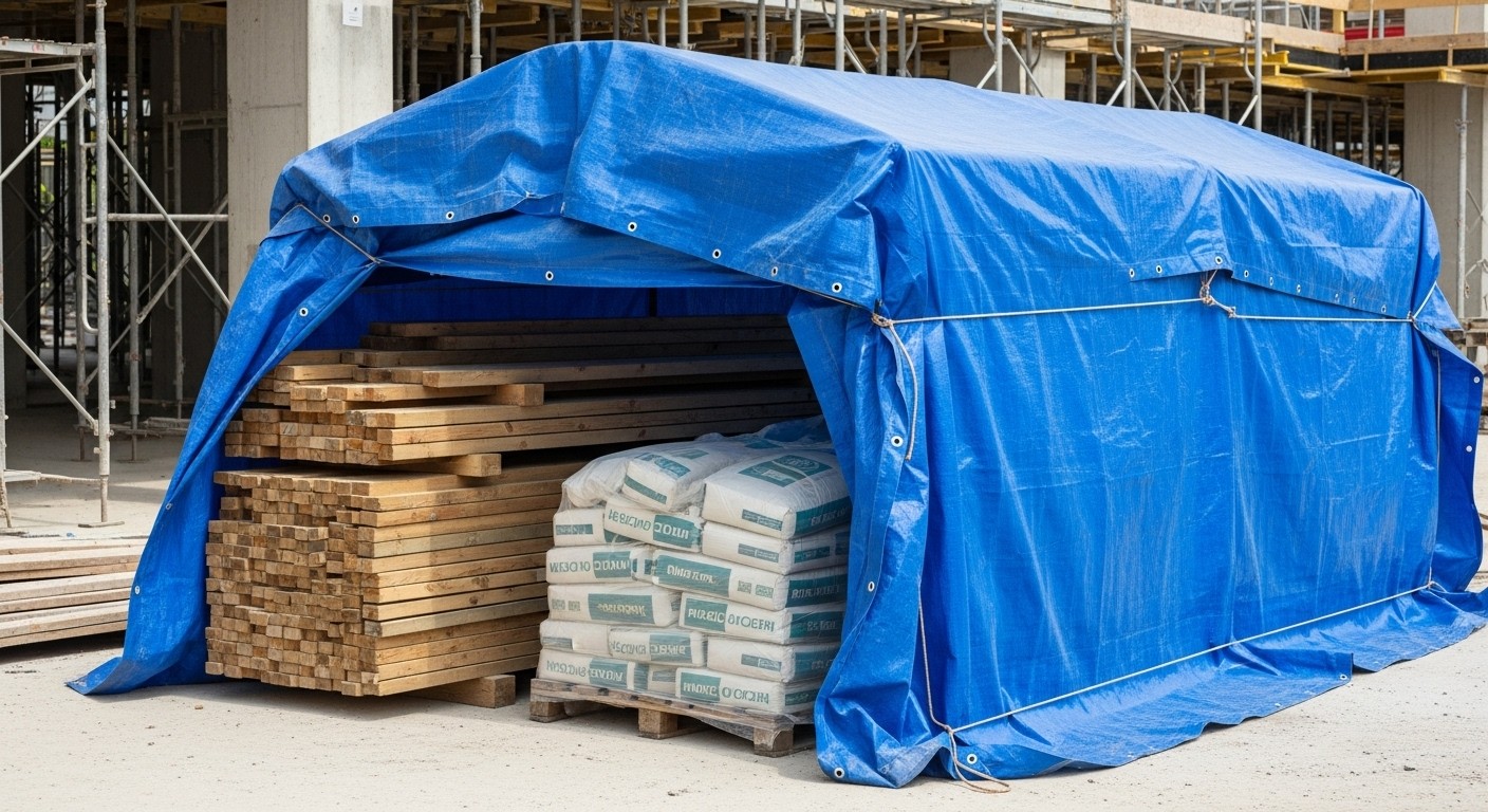 Синий тарпаулин укрывает стройматериалы пиломатериалы и цемент на строительной площадке с креплением люверсами для защиты от осадков