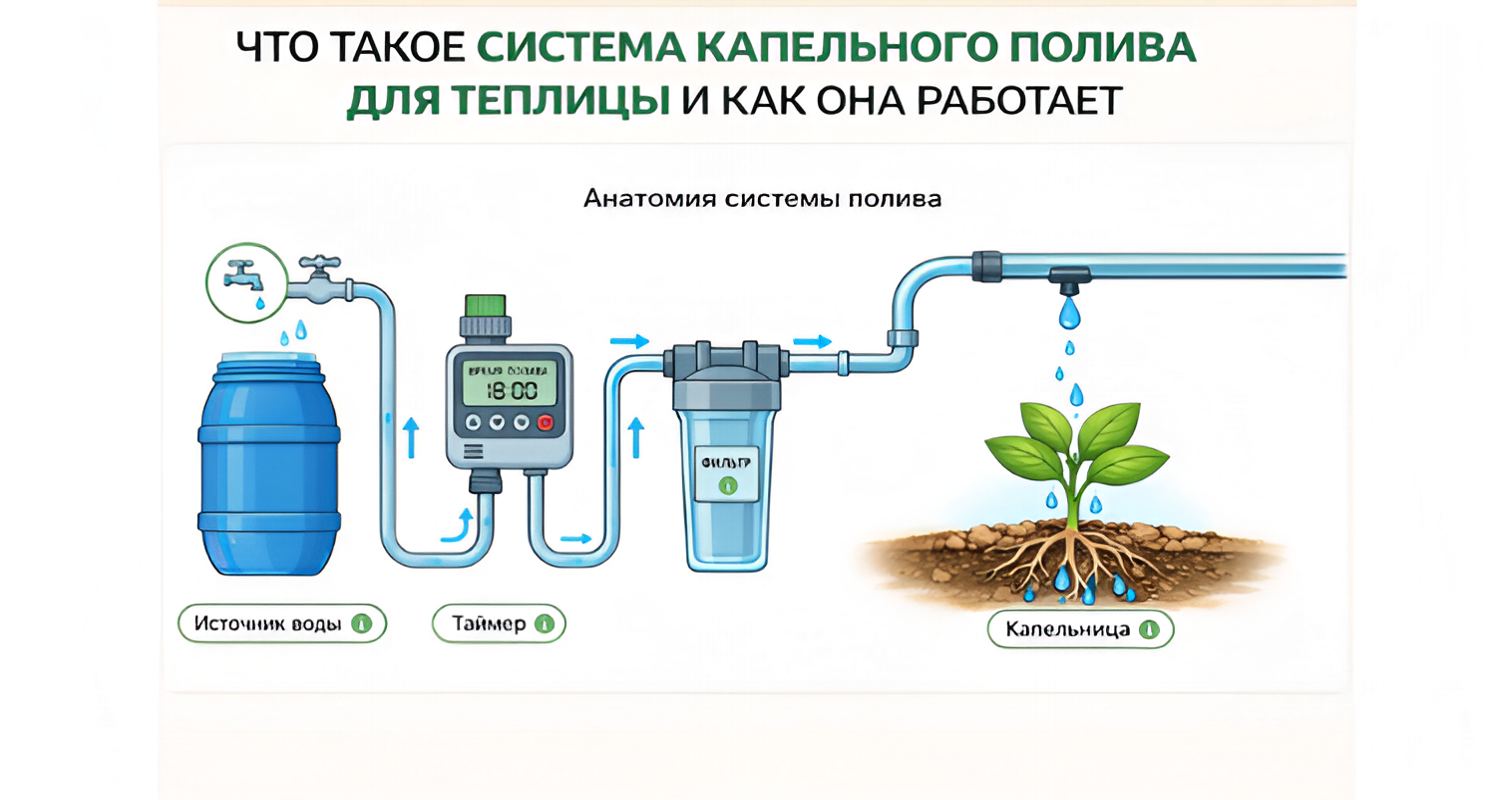 Схема устройства системы капельного полива в теплице с основными узлами