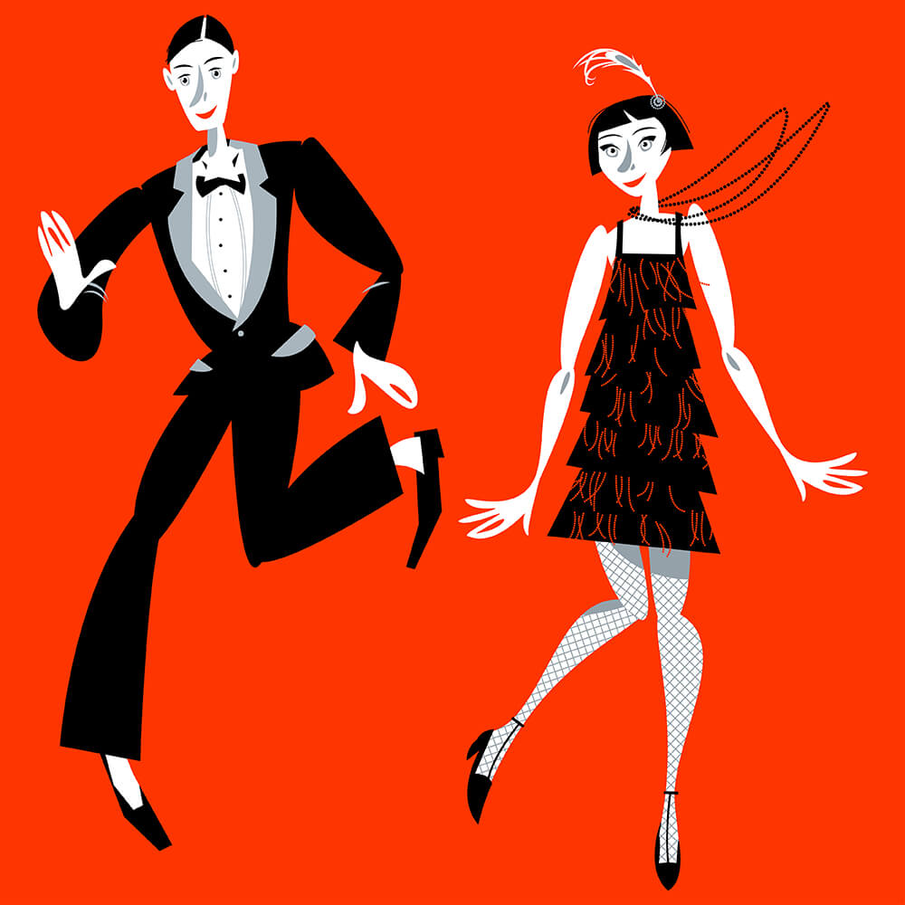 Мужчина и женщина в ретрокостюмах танцуют Чарльстон