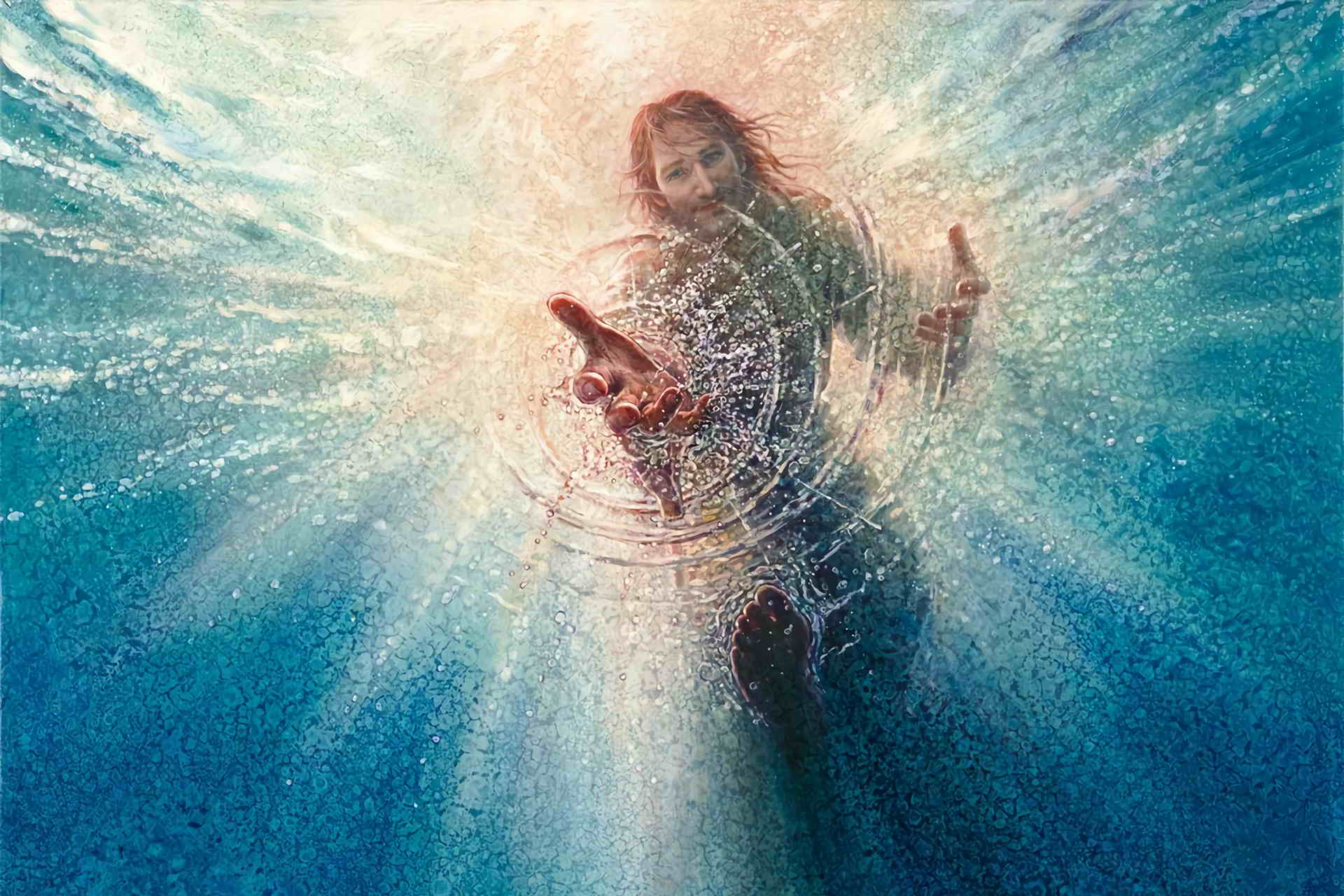 Into the water below. Христо мпротягивает руку. Иисус протягивает руку. Иисус протягивает руку в воде. Христос на воде.