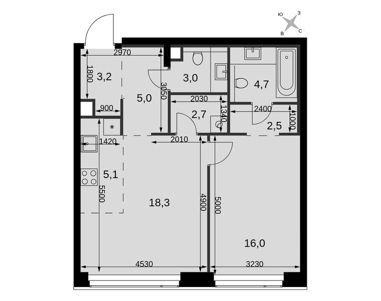 Планировка 2-комнатной квартиры 60,5 м² в ЖК «Амбер Сити»: корпус 5, секция 1, 48-й этаж