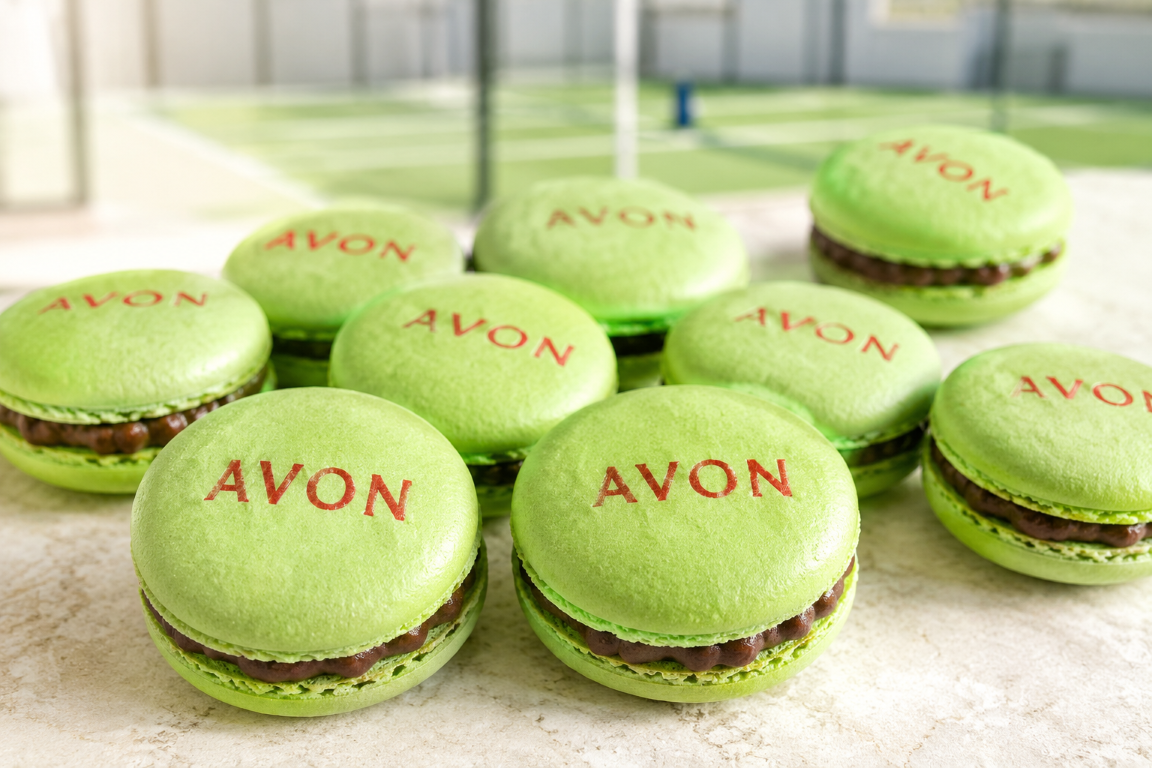 Зелёные макарунсы с шоколадной начинкой и логотипом AVON для корпоративного мероприятия