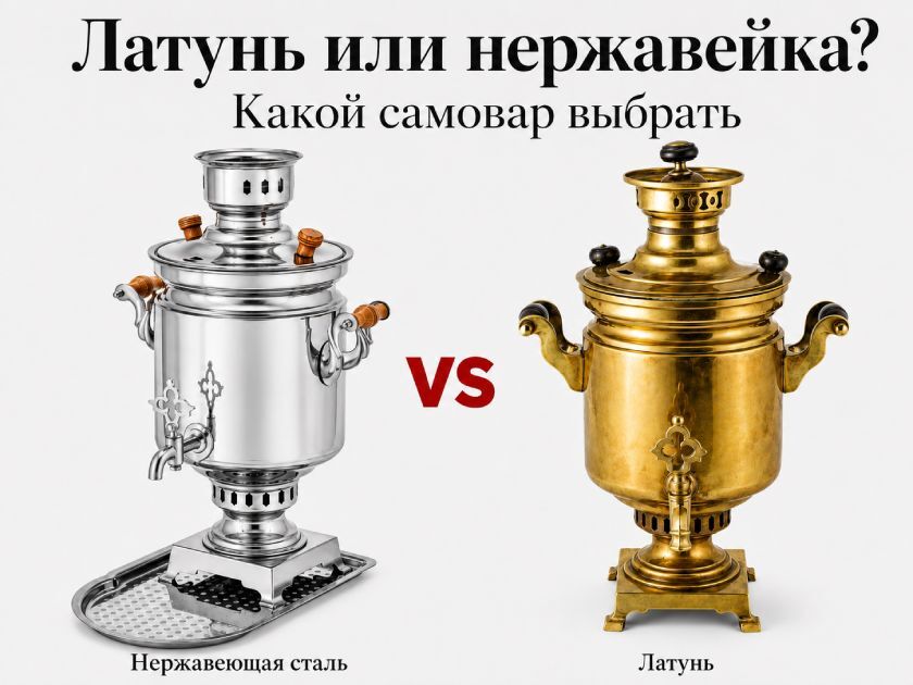 Латунь или нержавейка - сравнение самоваров: нержавеющая сталь слева, латунь справа