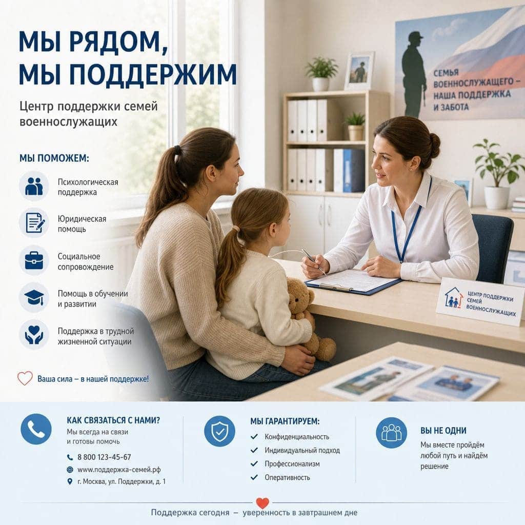 сотрудник социальной службы консультирует жену военнослужащего с ребёнком в светлом офисе центра поддержки семей