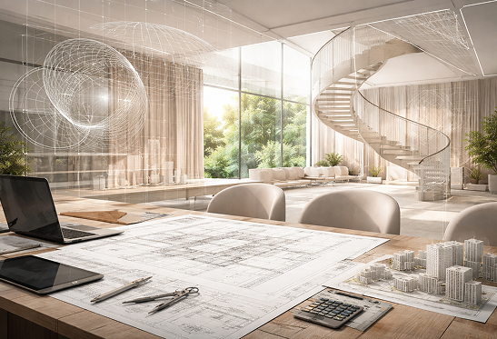 Рабочий стол архитектора с чертежами и макетами в интерьере — системный подход к проектированию БЮРО 77/12 Дарьи Степановой