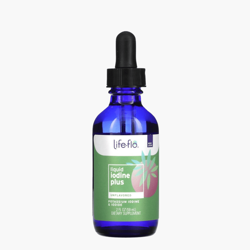 Упаковка Life-Flo Iodine Plus — добавка с йодом и селеном для поддержания здоровья щитовидной железы и обмена веществ.