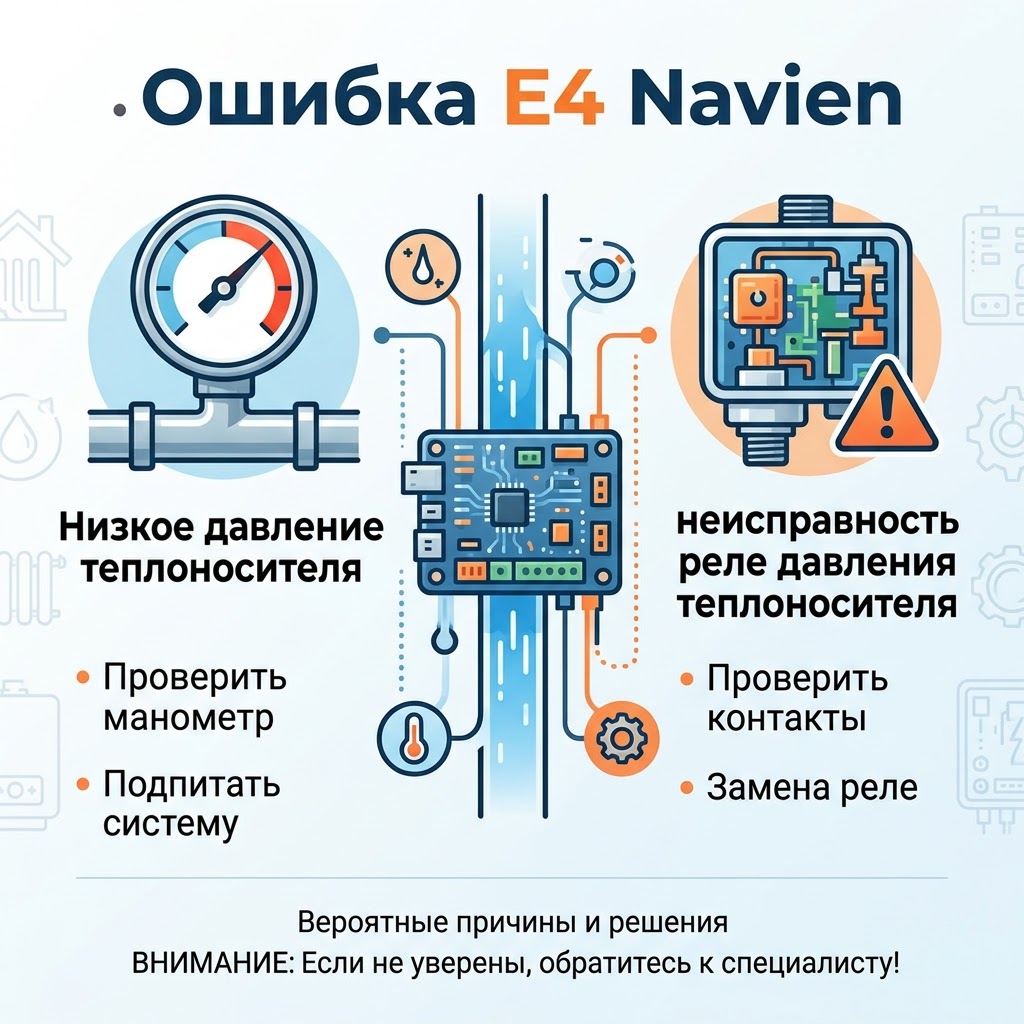 Ошибка Е4 Navien NGB 210 NGB 150. Низкое давление теплоносителя в системе отопления / неисправность реле давления теплоносителя