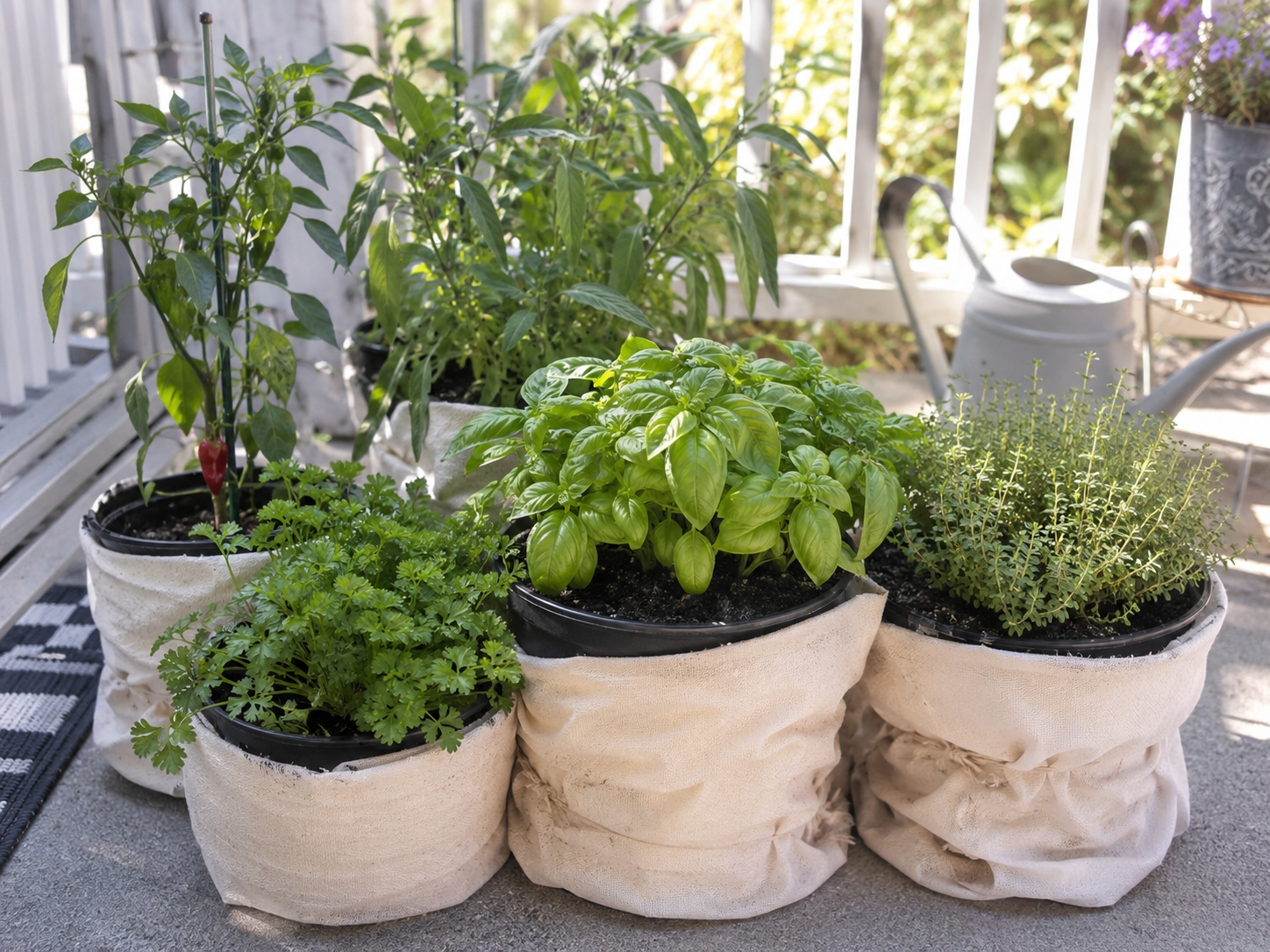 ontainer plants protected from heat with light cloth wraps on a shaded patio