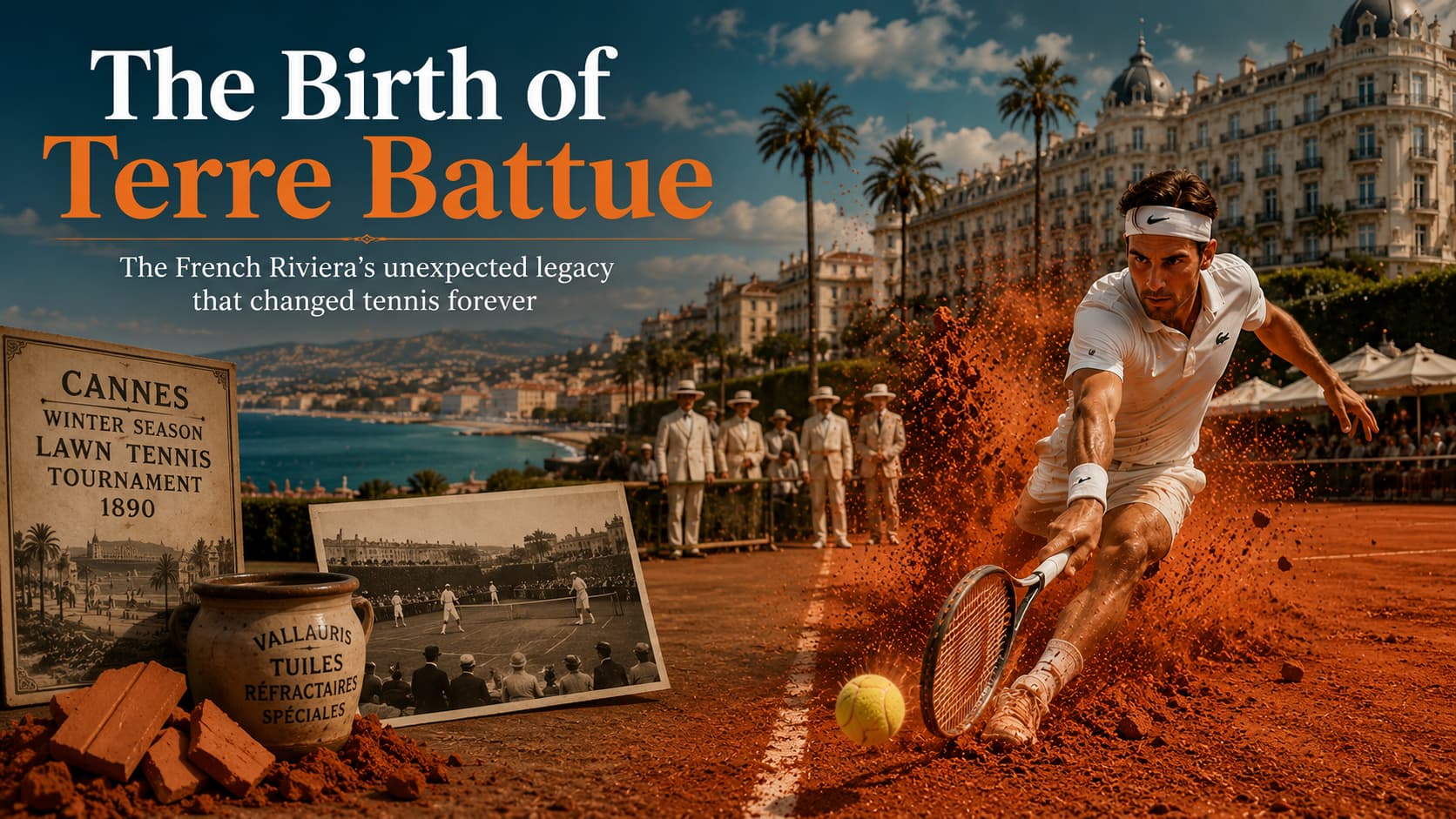 The Birth of Terre Battue on the French Riviera – cinematic 1n6:9 illustration showing the transformation from grass to red clay courts inspired by the origins of Roland-Garros betwee Cannes and Vallauris France.