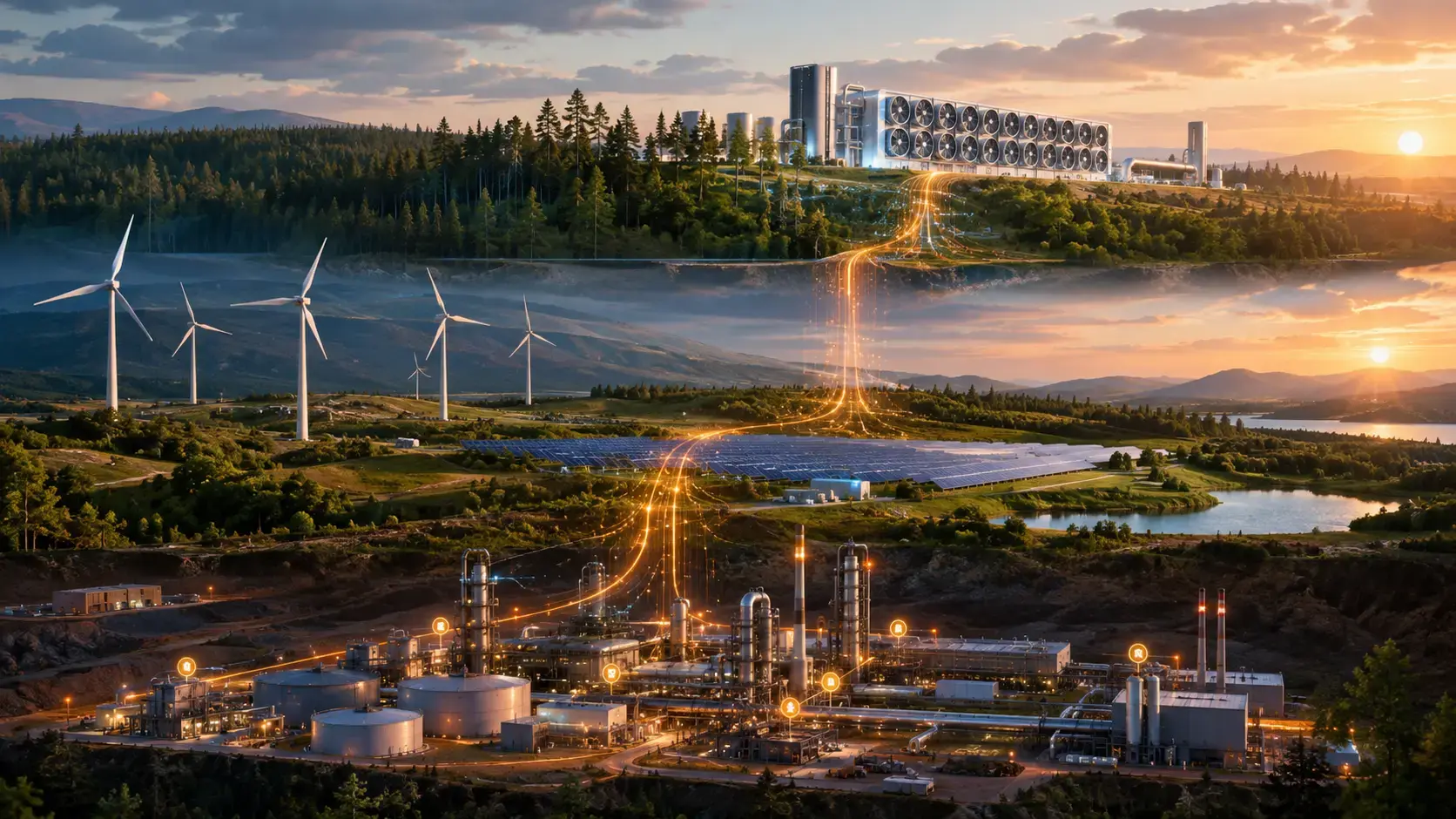 Multi-layered carbon stack visualization showing industrial facility with sensors at base, wind turbines and solar panels in middle tier, forest and carbon capture installation at horizon, connected by luminous data streams representing measurement, reduction, removal and reporting layers