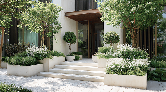 Современный минималистичный ландшафтный дизайн: озеленённая входная зона частного дома с клумбами, деревьями и белой архитектурой
