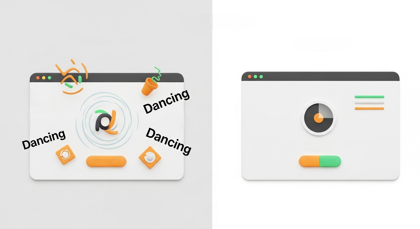 Сравнение 'Плохо' и 'Хорошо' в CSS анимации. 'Плохо': сайт с хаотичной анимацией, где всё мигает. 'Хорошо': сайт с одной акцентной, помогающей анимацией.