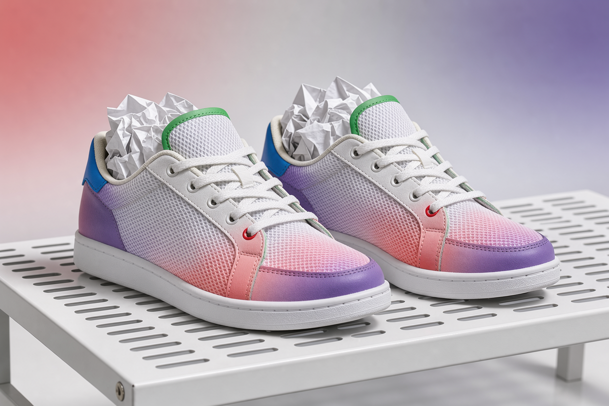 pair of sneakers drying indoors stuffed with crumpled paper on a ventilated shelf away from direct sunlight and heaters