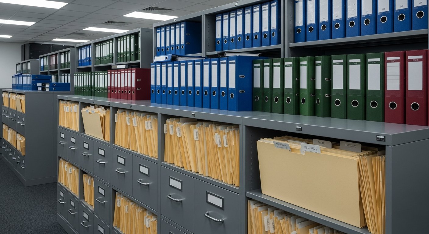 Архивные шкафы с документацией и папками в офисе информационной безопасности, атмосфера организованного хранилища