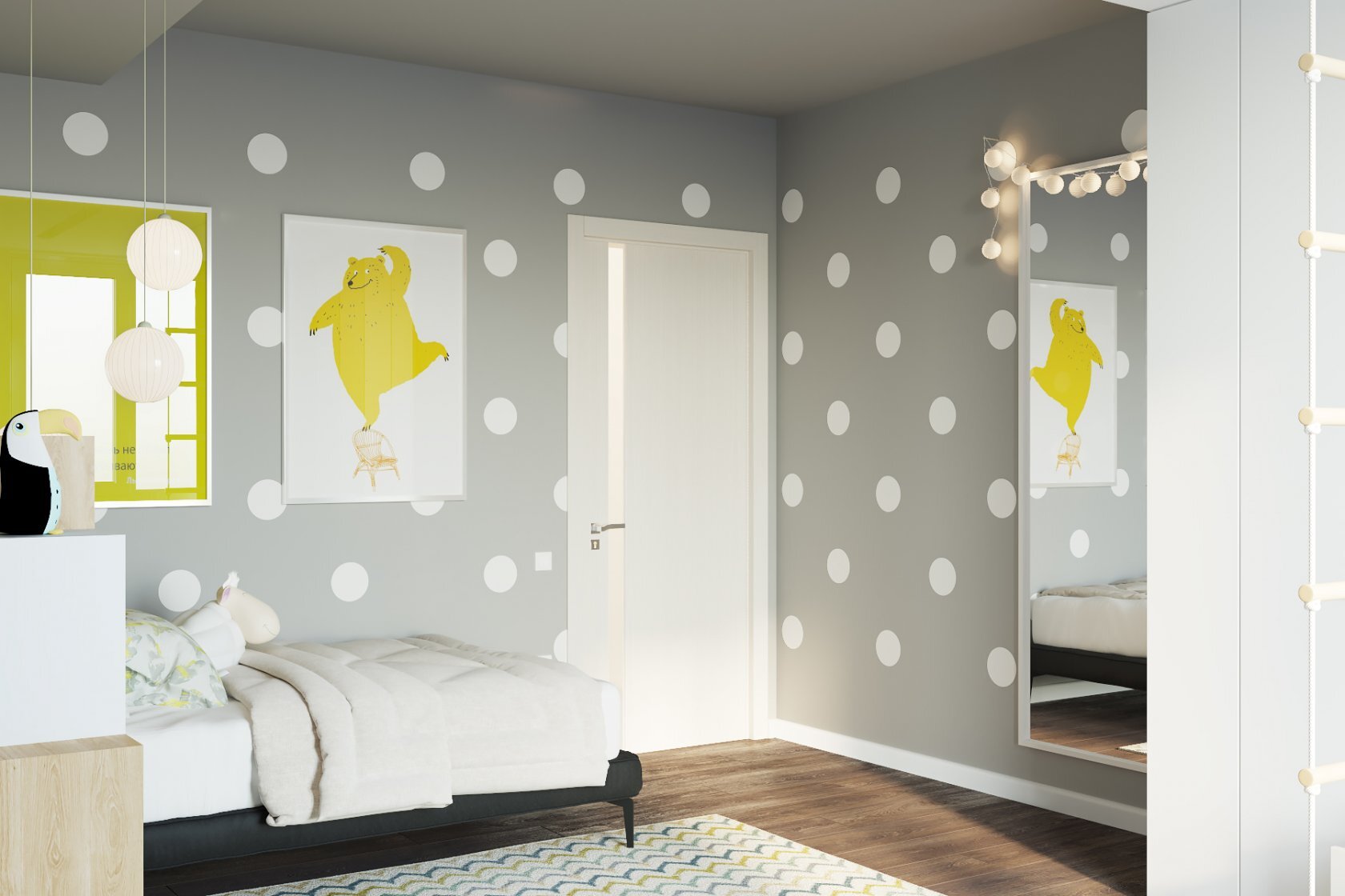 Chambre enfant moderne en gris et blanc avec touches de jaune