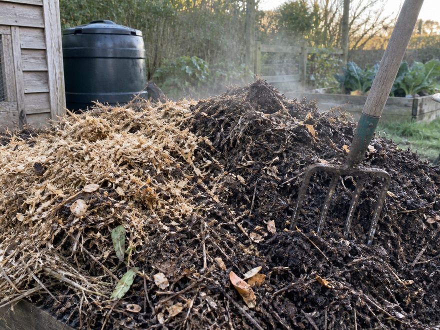 A compost pile of chicken bedding and manure breaking down before garden use