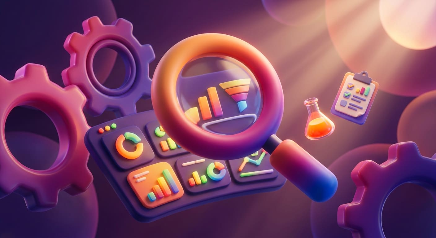 growth маркетинг это Объёмная 3D-сцена: пухлый стилизованный дашборд с графиками и диаграммами, рядом — увеличительное стекло