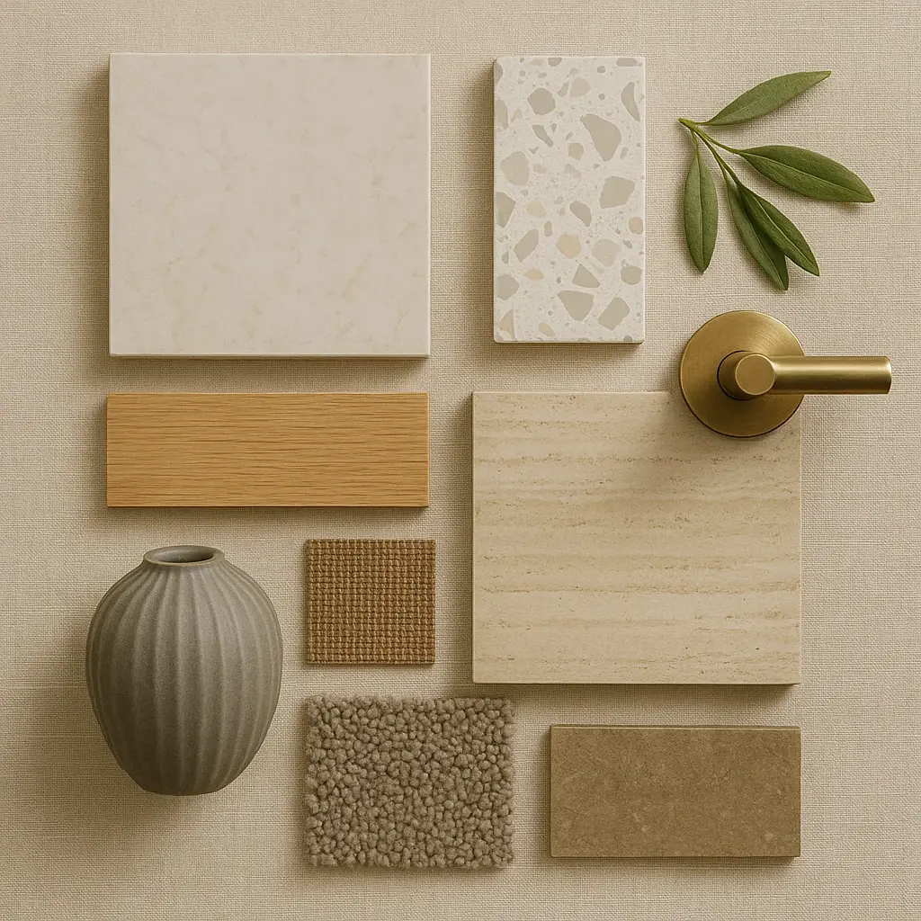 Мудборд материалов: травертин, терраццо, дуб, ткани, латунная фурнитура