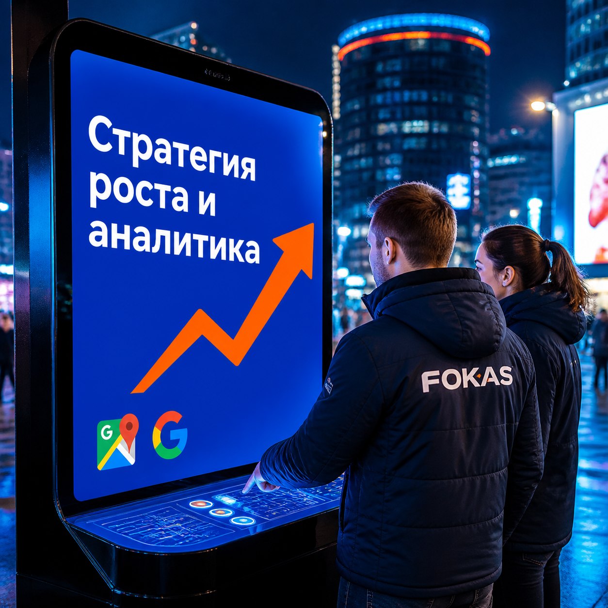 Вечерняя площадь с цифровым киоском отображающим стратегия роста и аналитика и вышивкой FOKAS на одежде в насыщенных оранжево-синих цветах с логотипами Гугл Карт и Гугл