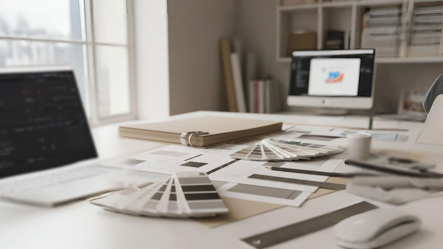 Образцы бумаги и цветовые пантон-веера при подготовке дизайна корпоративного календаря