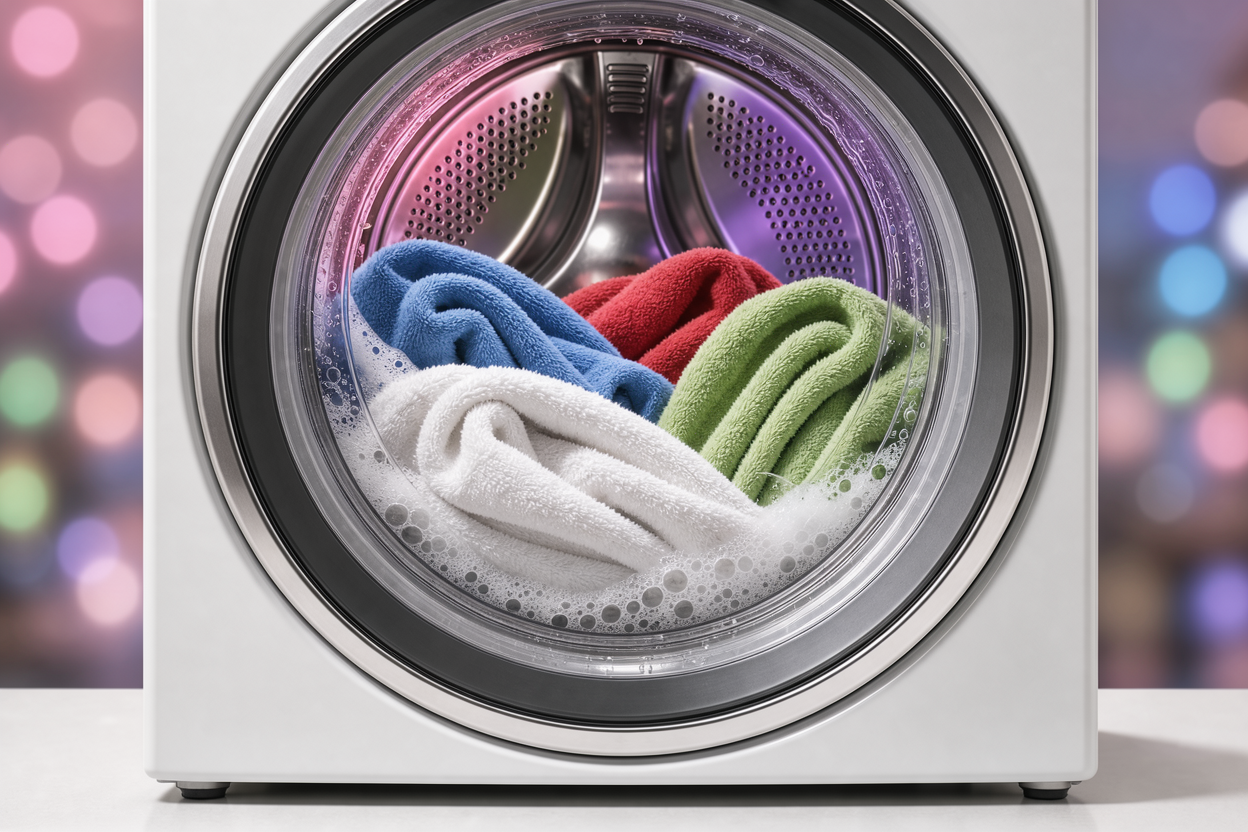 front-loading washing machine drum with fluffy terry towels inside mid-cycle, gentle water lather and visible suds, interior view