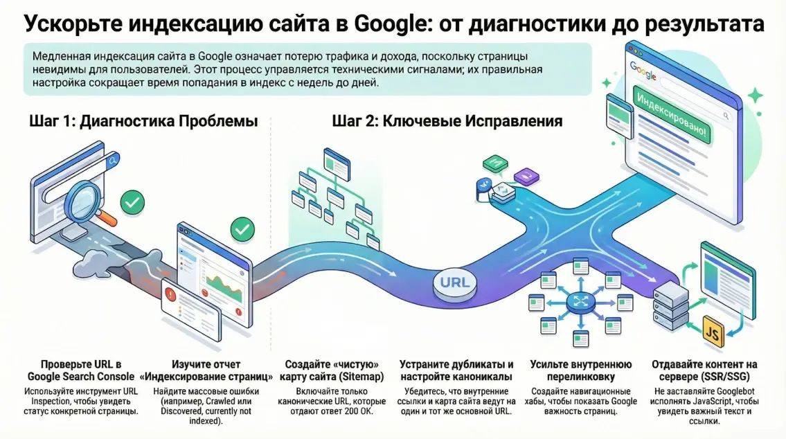 Инфографика Ускорьте индексацию сайта в Google: от диагностики до результата