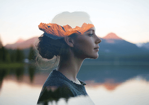 Женский профиль с наложением горного пейзажа, символизирующий гармонию и метафизическое единство с природой