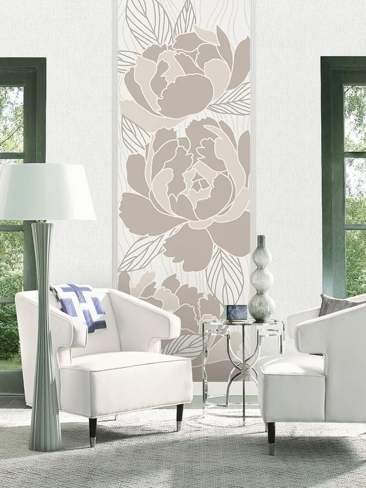 Светло-бежевые обои пионы в интерьере, ширина 1 метр